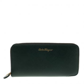 Pre Owned Salvatore Ferragamo Dark Green Leather Zip Around Wallet