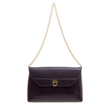 Pre Owned Salvatore Ferragamo Purple Leather Gancio Lock Chain Clutch