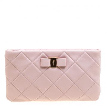 Pre Owned Salvatore Ferragamo Pink Quilted Leather Macaron Clutch
