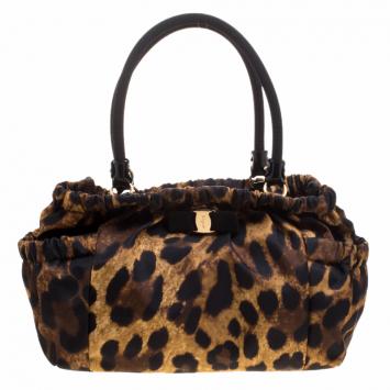 Pre Owned Salvatore Ferragamo Leopard Print Nylon Satchel