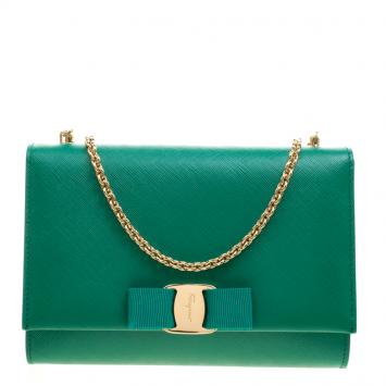Pre Owned Salvatore Ferragamo Green Leather Ginny Shoulder Bag