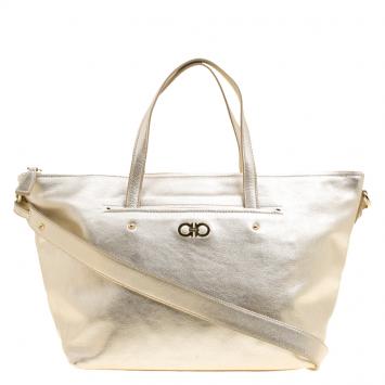 Pre Owned Salvatore Ferragamo Metallic Gold Leather Small Mika Tote