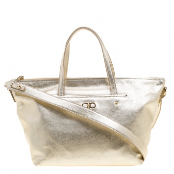 Pre Owned Salvatore Ferragamo Metallic Gold Leather Small Mika Tote