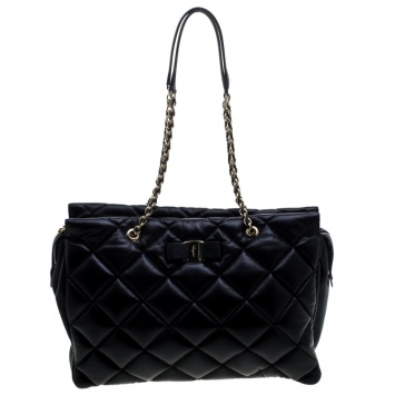 Pre Owned Salvatore Ferragamo Black Quilted Leather Ginette Chain Shoulder Bag