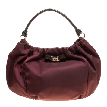 Pre Owned Salvatore Ferragamo Maroon Nylon Hobo