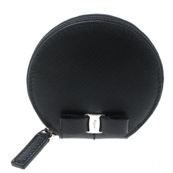 Pre Owned Salvatore Ferragamo Black Leather Round Coin Purse