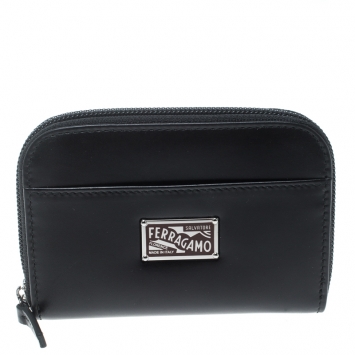 Pre Owned Salvatore Ferragamo Black Leather Logo Plaque Zip Around Wallet