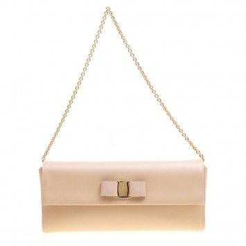 Pre Owned Salvatore Ferragamo Beige Leather Bow Ginny Long Clutch