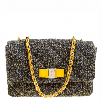 Pre Owned Salvatore Ferragamo Grey Quilted Tweed Gelly Shoulder Bag