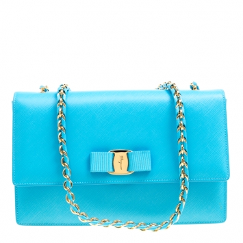 Pre Owned Salvatore Ferragamo Blue Leather Vara Shoulder Bag