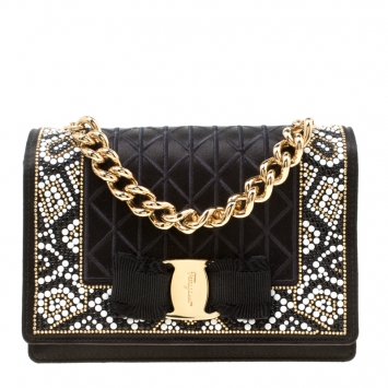 Pre Owned Salvatore Ferragamo Black Satin Studded Ginny Top Handle Shoulder Bag