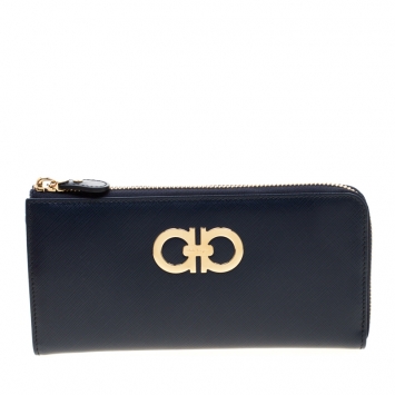 Pre Owned Salvatore Ferragamo Blue Indie Kid Leather Double Gancio Zip Around Wallet