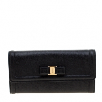 Pre Owned Salvatore Ferragamo Black Pebble Leather Vara Bow Continental Wallet