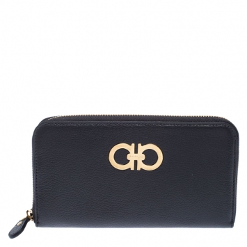 Pre Owned Salvatore Ferragamo Dark Grey Leather Gancini Zip Around Wallet