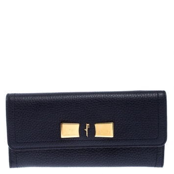 Pre Owned Salvatore Ferragamo Navy Blue Leather Flap Wallet