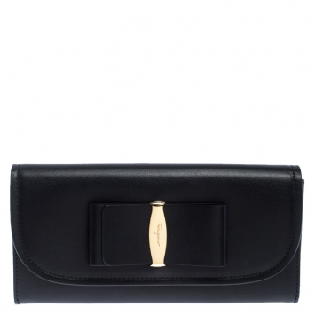 Pre Owned Salvatore Ferragamo Black Leather Bow Flap Wallet