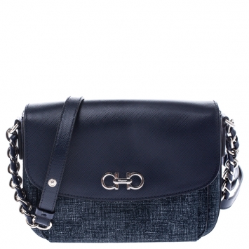 Pre Owned Salvatore Ferragamo Blue Leather and Fabric Gancini Crossbody Bag