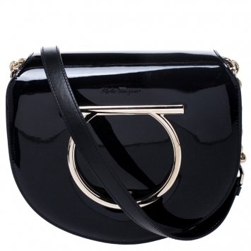Pre Owned Salvatore Ferragamo Black Patent Leather Vella Crossbody Bag
