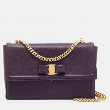 Pre Owned Salvatore Ferragamo Purple Leather Vara Bow Chain Shoulder Bag