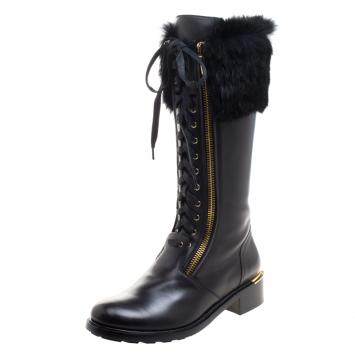 Pre Owned Salvatore Ferragamo Black Leather And Fur Trim Lapo Tall Combat Boots Size 39.5