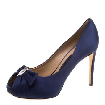 Pre Owned Salvatore Ferragamo Navy Blue Satin Pianka Peep Toe Pumps Size 40