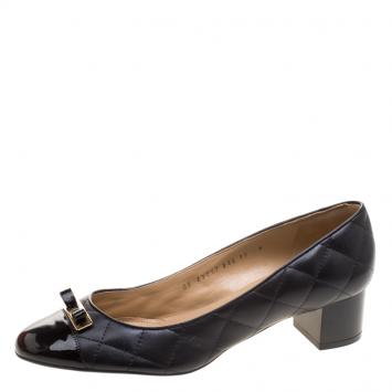 Pre Owned Salvatore Ferragamo Black Quilted Leather Bow Block Heel Pumps Size 40.5