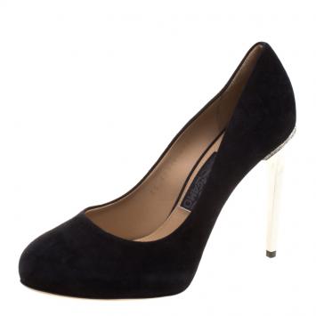 Pre Owned Salvatore Ferragamo Black Suede Crystal Trim Lolita Pumps Size 37.5