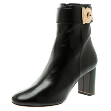 Pre Owned Salvatore Ferragamo Black Leather Fiamma Ankle Boots Size 39.5