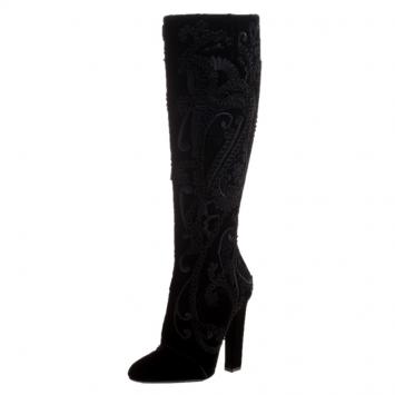 Pre Owned Salvatore Ferragamo Black Cord Embroidered Velvet Knee Boots Size 37
