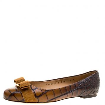 Pre Owned Salvatore Ferragamo Copper Brown Embossed Alligator Leather Varina Ballet Flats Size 38