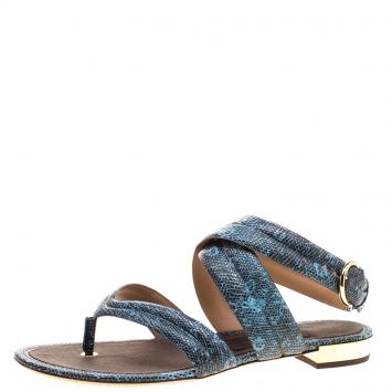 Pre Owned Salvatore Ferragamo Blue Lizard Embossed Leather Magritta Cross Strap Flat Thong Sandals Size 39
