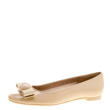 Pre Owned Salvatore Ferragamo Beige Patent Leather Fiocco Bow Ballet Flats Size 35.5