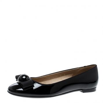 Pre Owned Salvatore Ferragamo Black Patent Leather Fiocco Bow Ballet Flats Size 35.5
