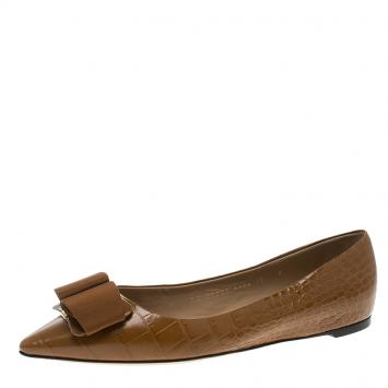 Pre Owned Salvatore Ferragamo Brown Croc Embossed Leather Mimi Pointed Toe Flats Size 40.5