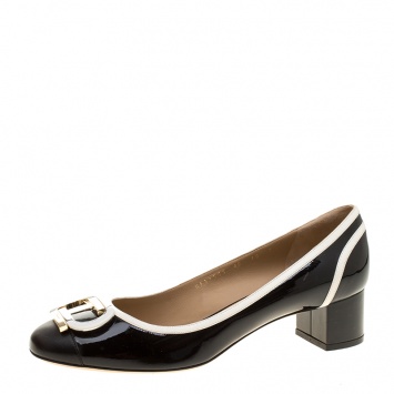 Pre Owned Salvatore Ferragamo Monochrome Patent Leather Gwen Block Heel Pumps Size 40.5
