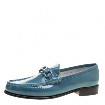 Pre Owned Salvatore Ferragamo Women Teal Patent Leather Mason Gancio Bit Loafers Size 40.5