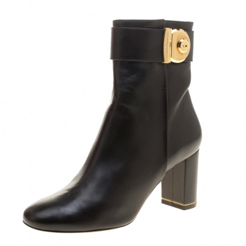Pre Owned Salvatore Ferragamo Black Leather Fiamma Ankle Boots Size 38.5