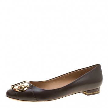 Pre Owned Salvatore Ferragamo Brown Leather Fiamma Keyhole Ballet Flats Size 39.5