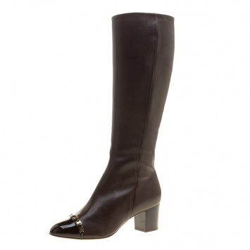 Pre Owned Salvatore Ferragamo Brown Leather Cap Toe Nanni Knee Boots Size 37.5