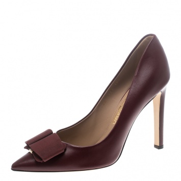 Pre Owned Salvatore Ferragamo Burgundy Leather Mimi Bow Detail Pointed Toe Pumps Size 41