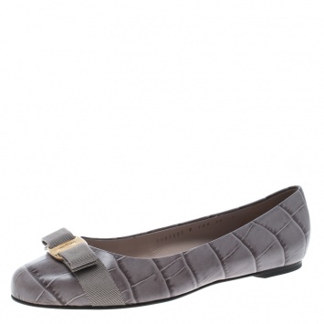 Pre Owned Salvatore Ferragamo Grey Embossed Croc Leather Varina Ballet Flats Size 40.5