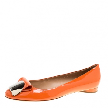 Pre Owned Salvatore Ferragamo Orange Patent Leather Posi Flats Size 41