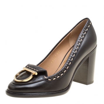 Pre Owned Salvatore Ferragamo Black Leather Fele Gancio Detail Block Heel Loafer Pumps Size 36.5