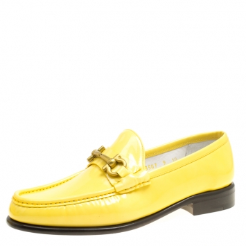 Pre Owned Salvatore Ferragamo Women Yellow Patent Leather Mason Gancio Bit Loafers Size 39.5