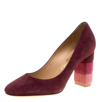 Pre Owned Salvatore Ferragamo Burgundy Suede Madia Block Heel Pumps Size 37