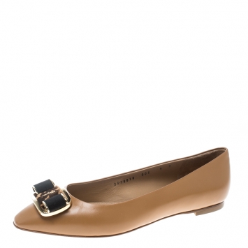 Pre Owned Salvatore Ferragamo Beige Leather Lola Ballet Flats Size 39.5