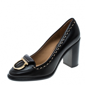 Pre Owned Salvatore Ferragamo Black Leather Fele Gancio Detail Block Heel Loafer Pumps Size 39