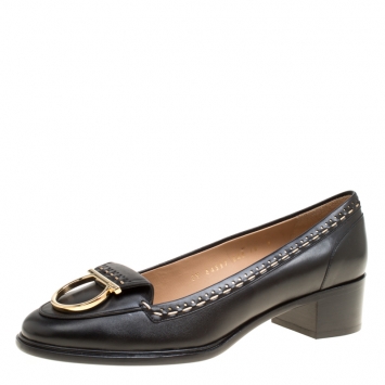 Pre Owned Salvatore Ferragamo Black Leather Fele Gancio Detail Block Heel Loafer Pumps Size 40.5