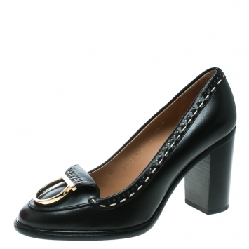 Pre Owned Salvatore Ferragamo Black Leather Fele Gancio Detail Block Heel Loafer Pumps Size 40