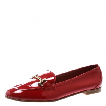 Pre Owned Salvatore Ferragamo Red Patent Leather Funes Gancio Bit Loafers Size 40.5